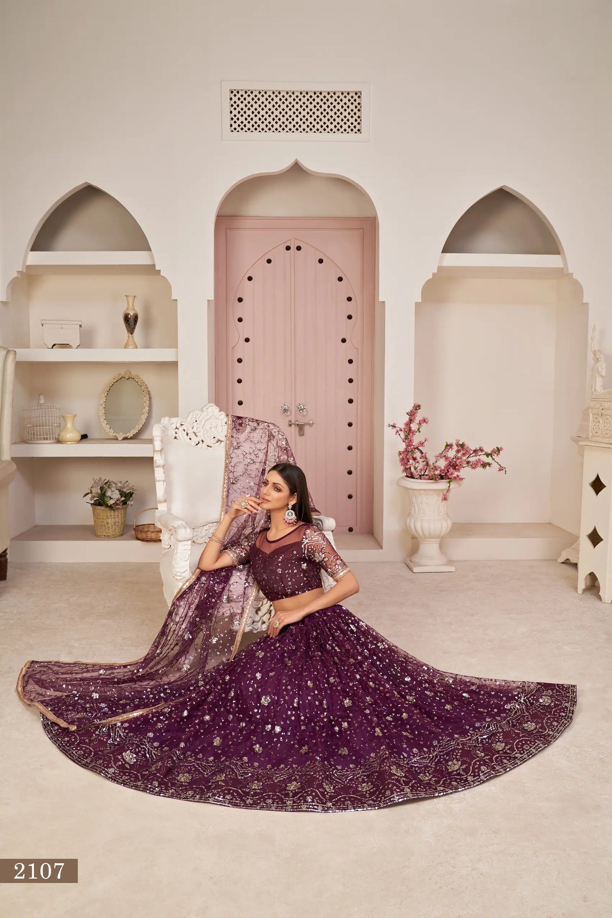 Wine Net Lehenga Choli With White Cotton Thread Work, Zari Work & Sequence Work