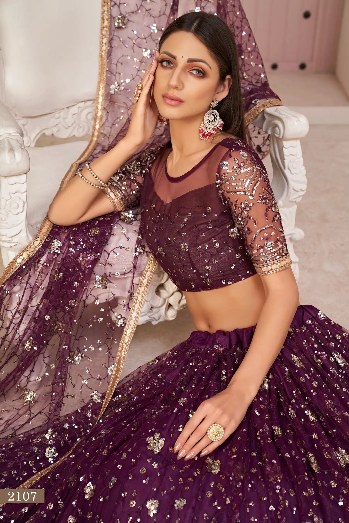 Wine Net Lehenga Choli With White Cotton Thread Work, Zari Work & Sequence Work