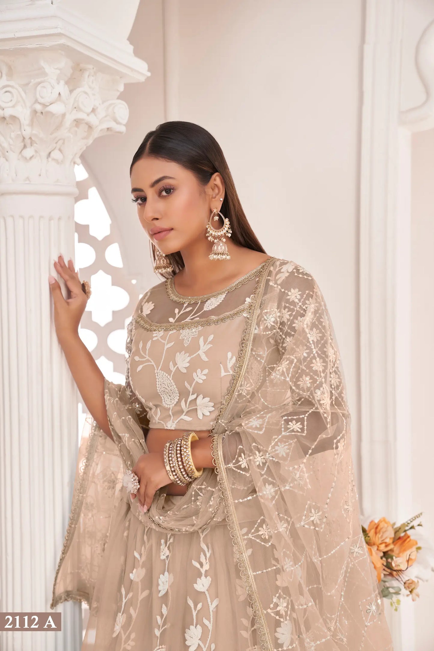 Beige Net Lehenga Choli With White Cotton Thread Work, Zari Work & Sequence Work