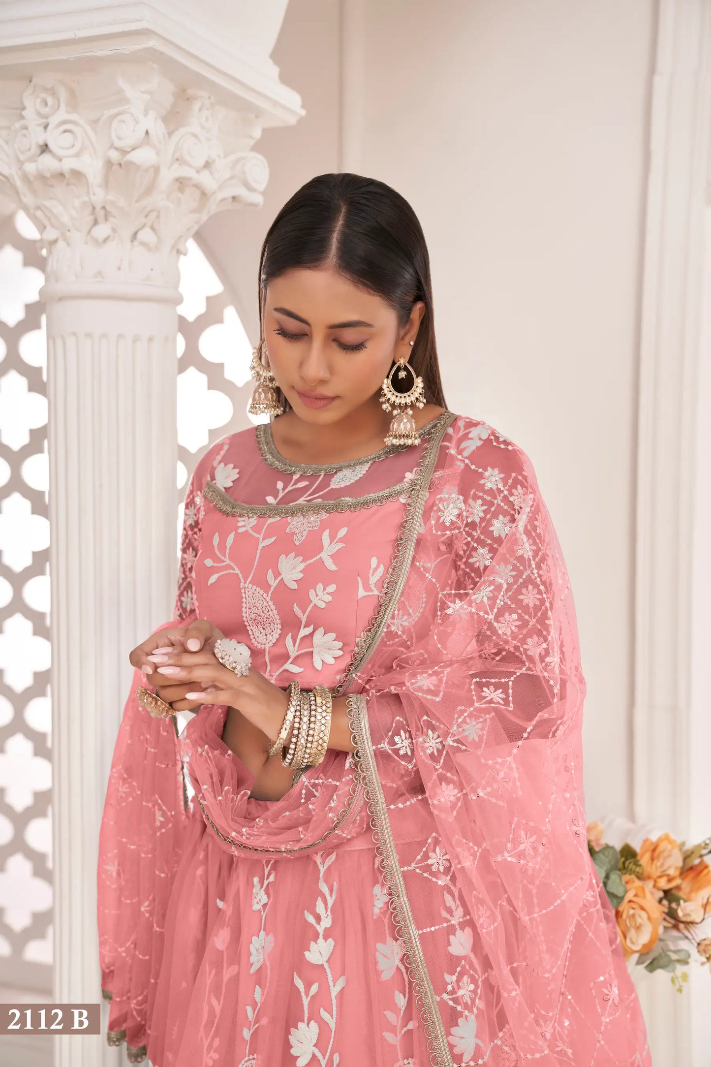Rose Pink Net Lehenga Choli With White Cotton Thread Work, Zari Work & Sequence Work
