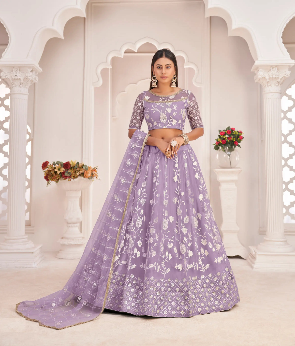 Lavender Net Lehenga Choli With White Cotton Thread Work, Zari Work & Sequence Work