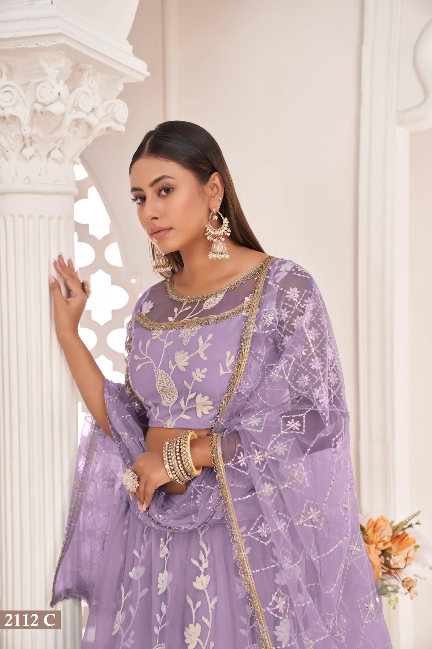 Lavender Net Lehenga Choli With White Cotton Thread Work, Zari Work & Sequence Work