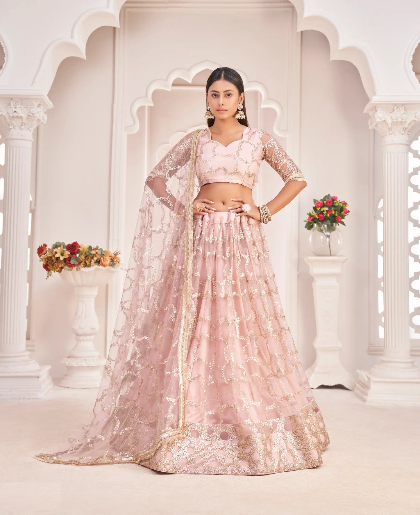 Light Onion Net Lehenga Choli With Zari Work & Sequence Embroidery Work