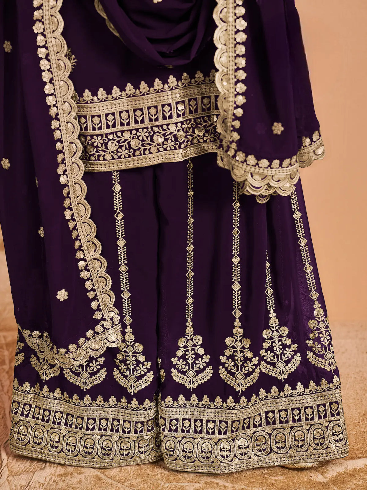 Wine Georgette Palazzo Salwar Suit With Thread & Sequins Embroidery Work