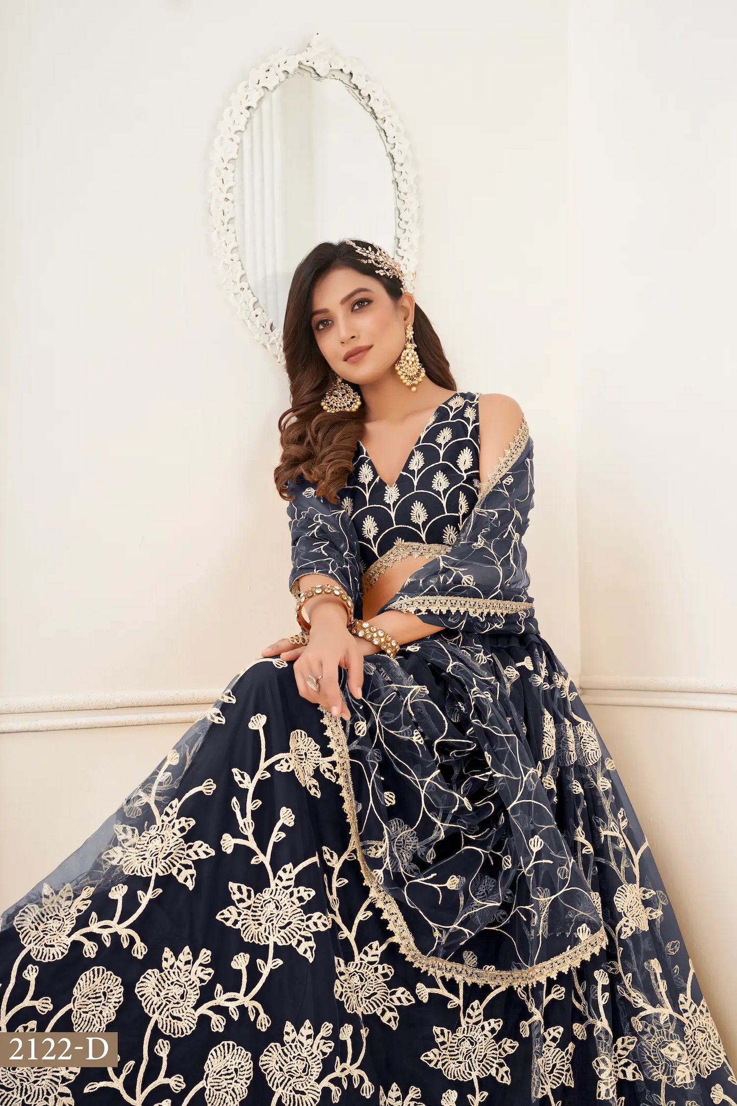Black Net Lehenga Choli With White Cotton Thread Work, Zari Work & Sequence Work