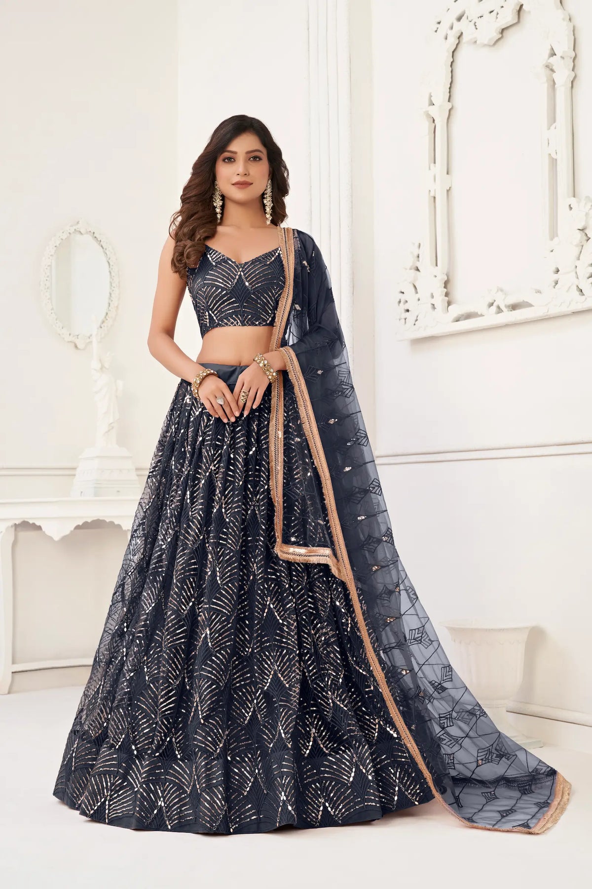 Smoky Black Net Embroidery Lehenga Choli