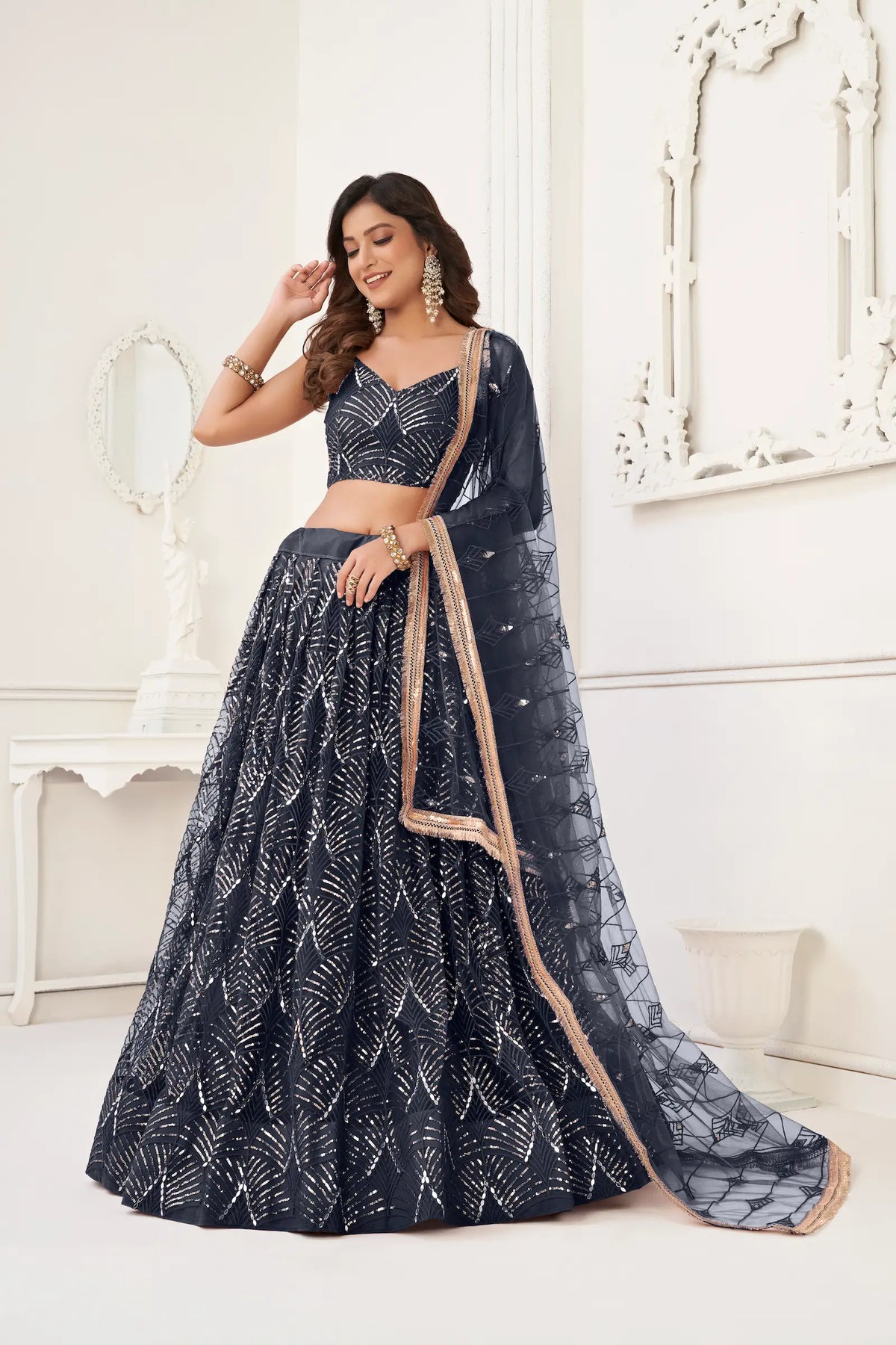Smoky Black Net Embroidery Lehenga Choli
