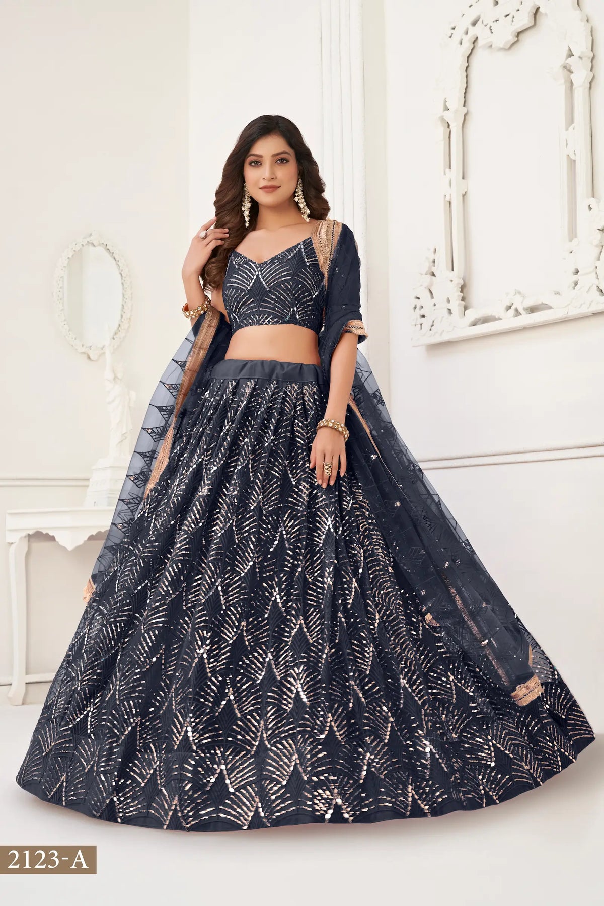 Smoky Black Net Embroidery Lehenga Choli