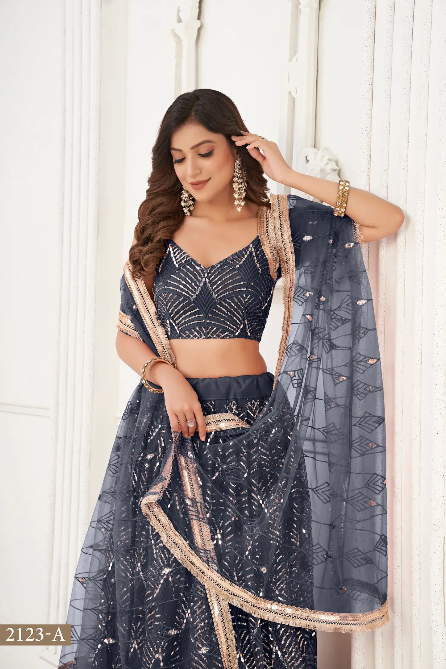 Smoky Black Net Embroidery Lehenga Choli
