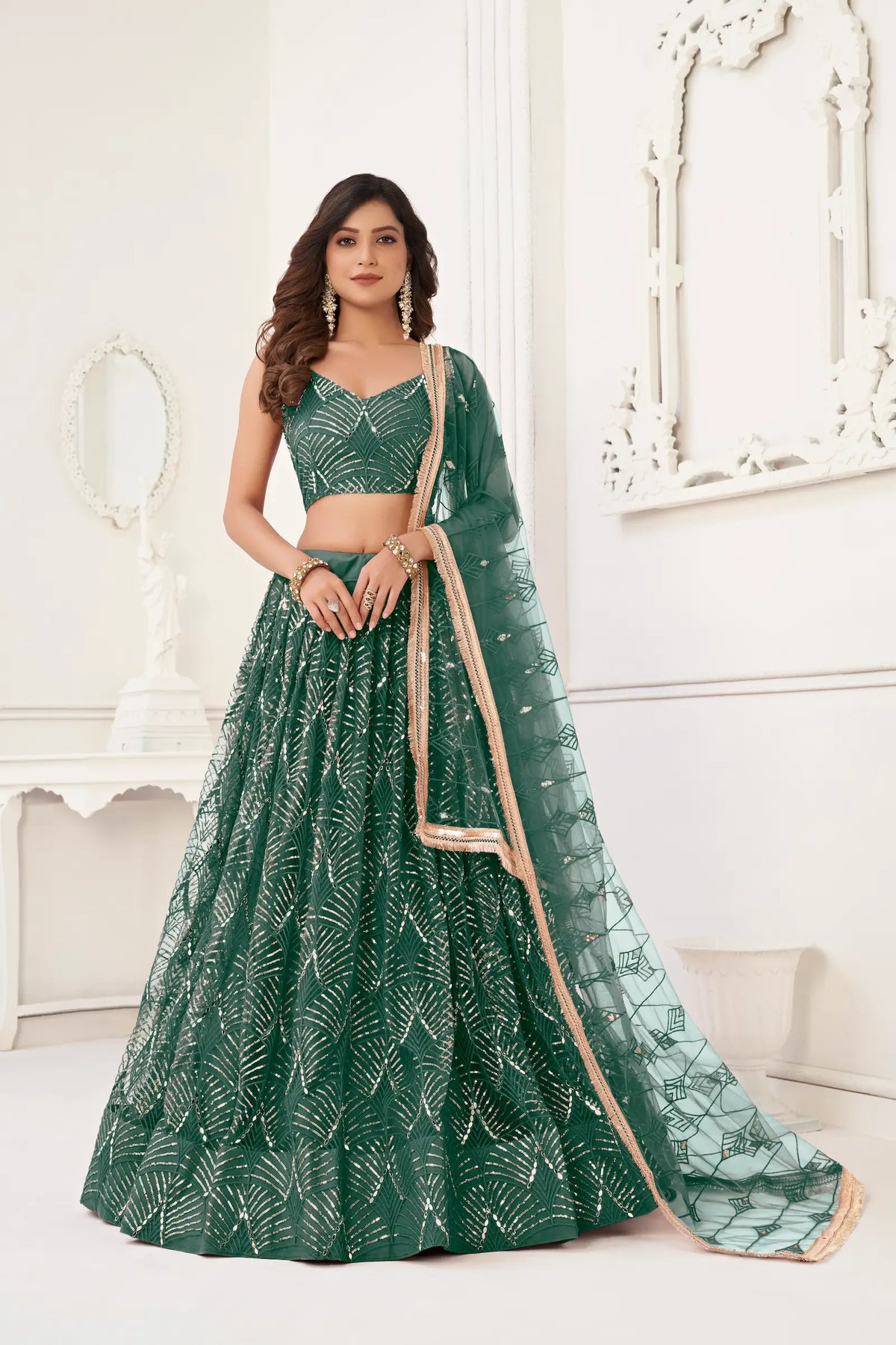 Bottle Green Net Embroidery Lehenga Choli