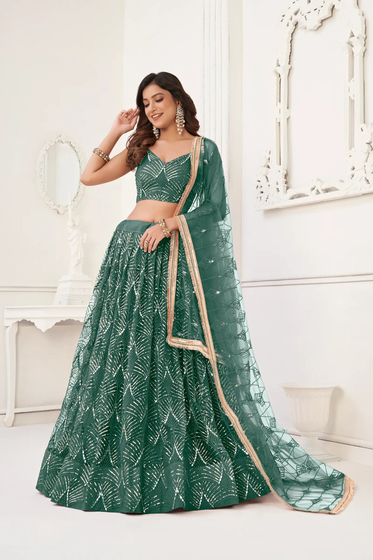 Bottle Green Net Embroidery Lehenga Choli