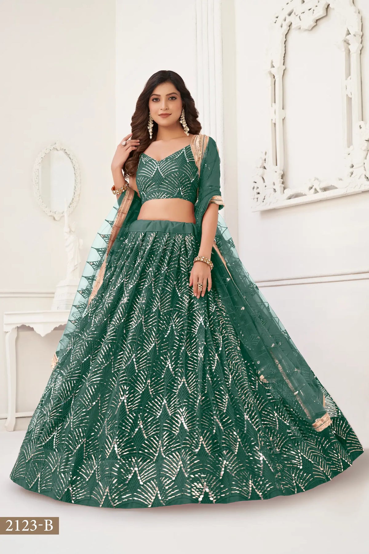 Bottle Green Net Embroidery Lehenga Choli