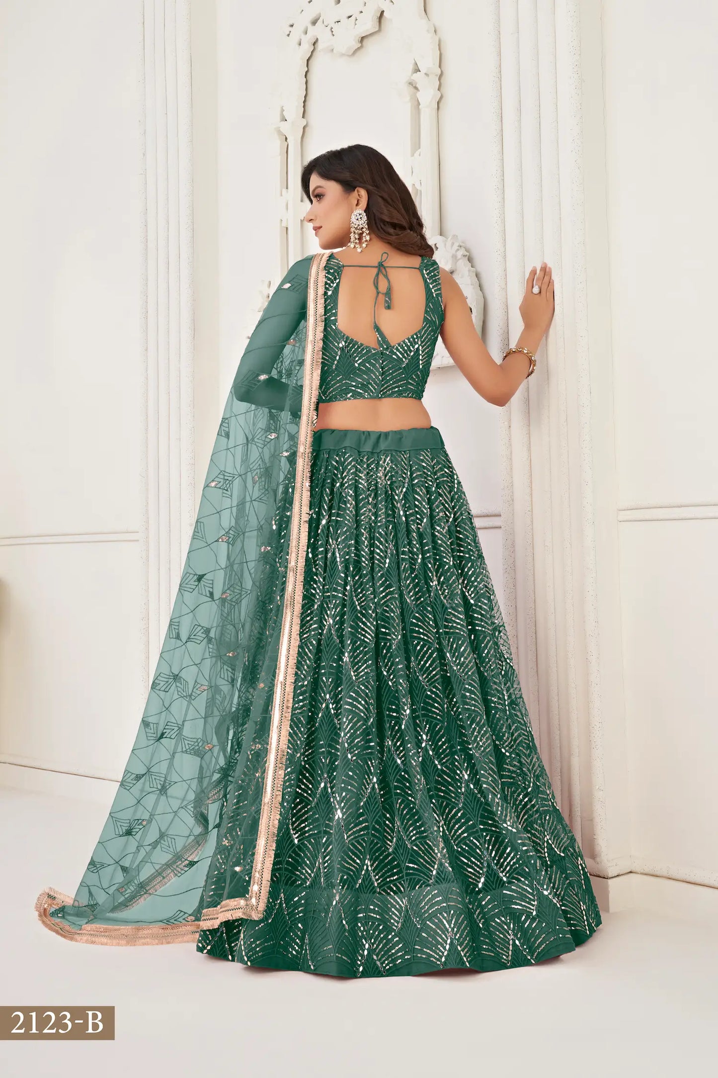 Bottle Green Net Embroidery Lehenga Choli
