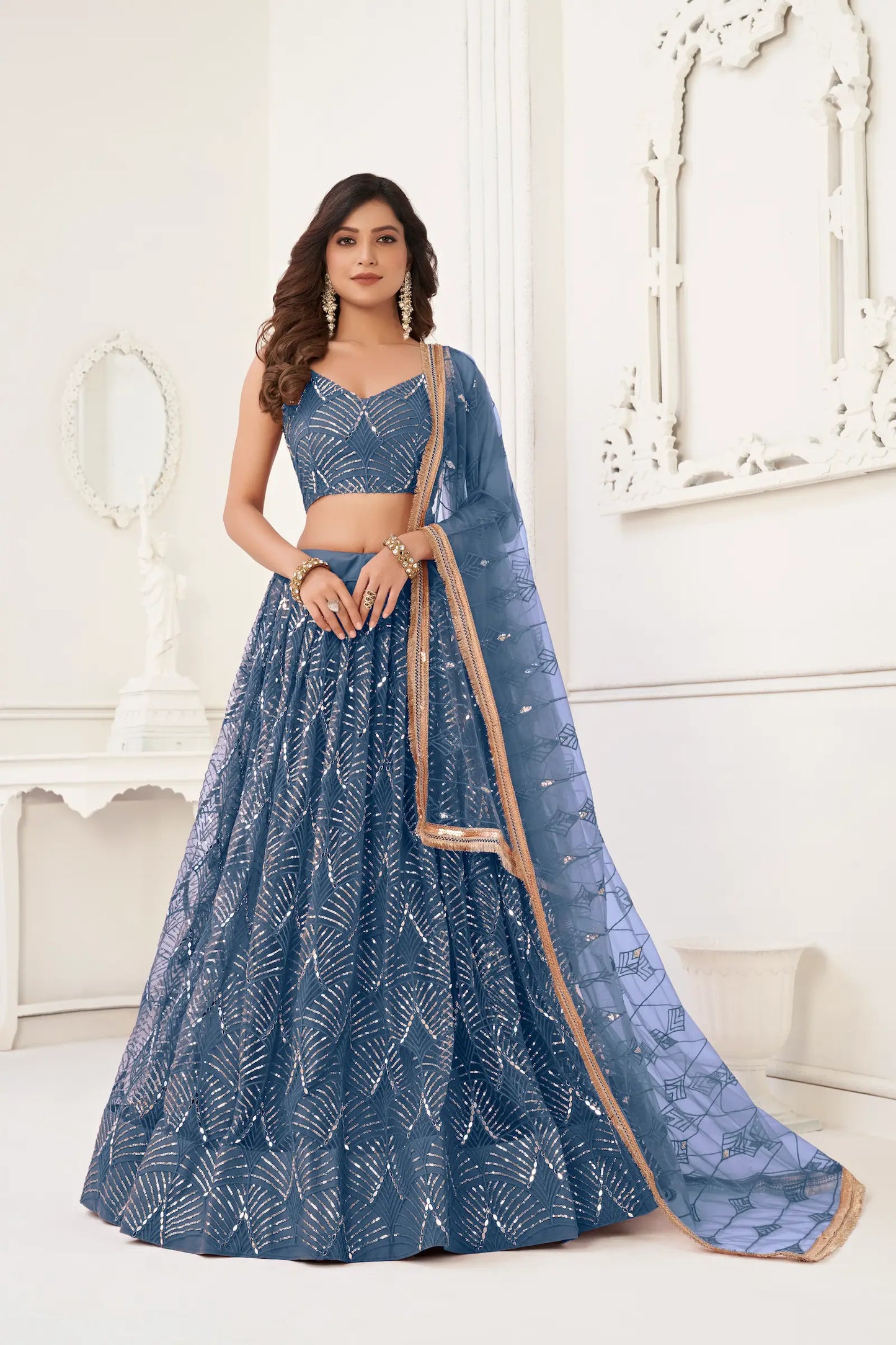 Metalic Blue Net Embroidery Lehenga Choli