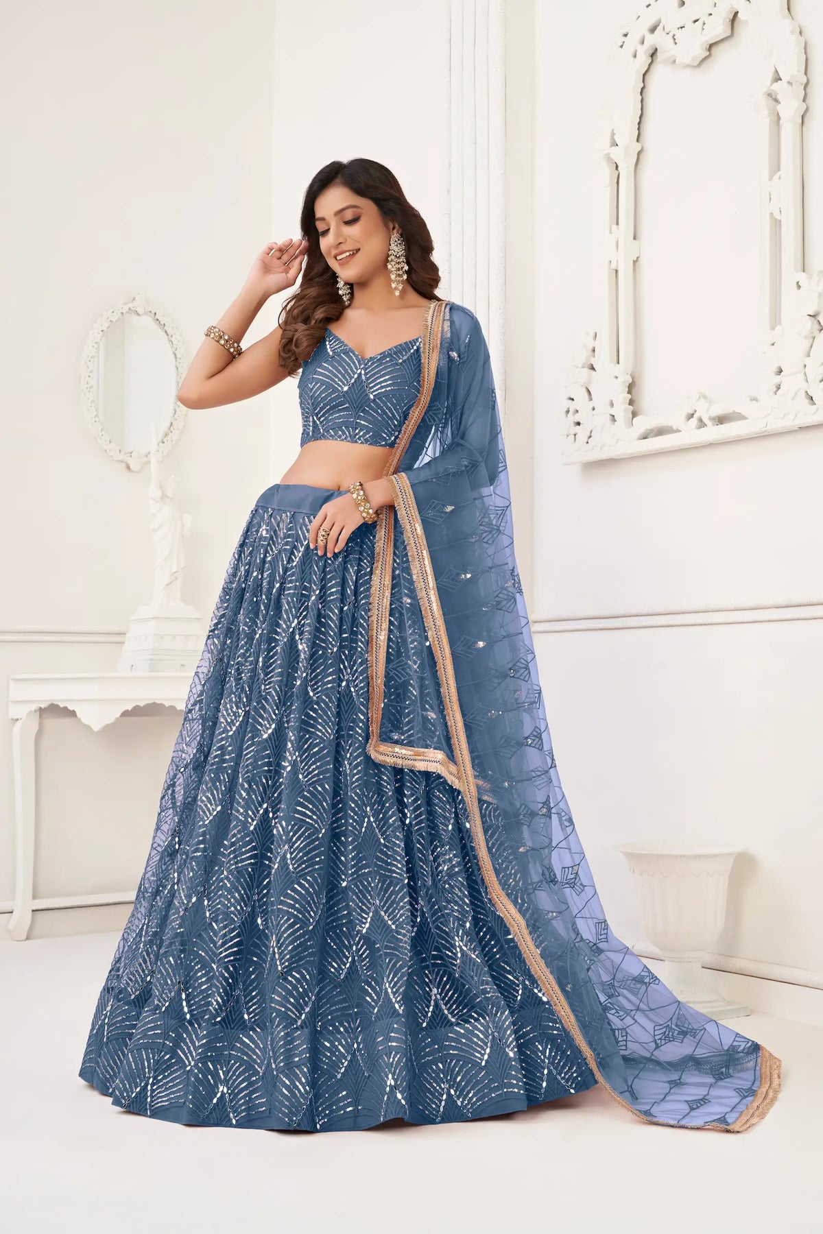 Metalic Blue Net Embroidery Lehenga Choli
