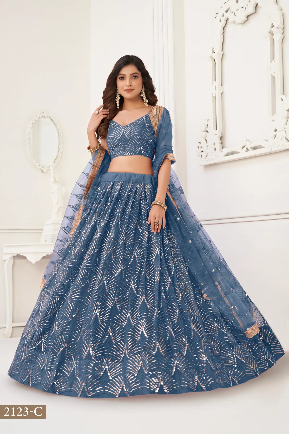 Metalic Blue Net Embroidery Lehenga Choli