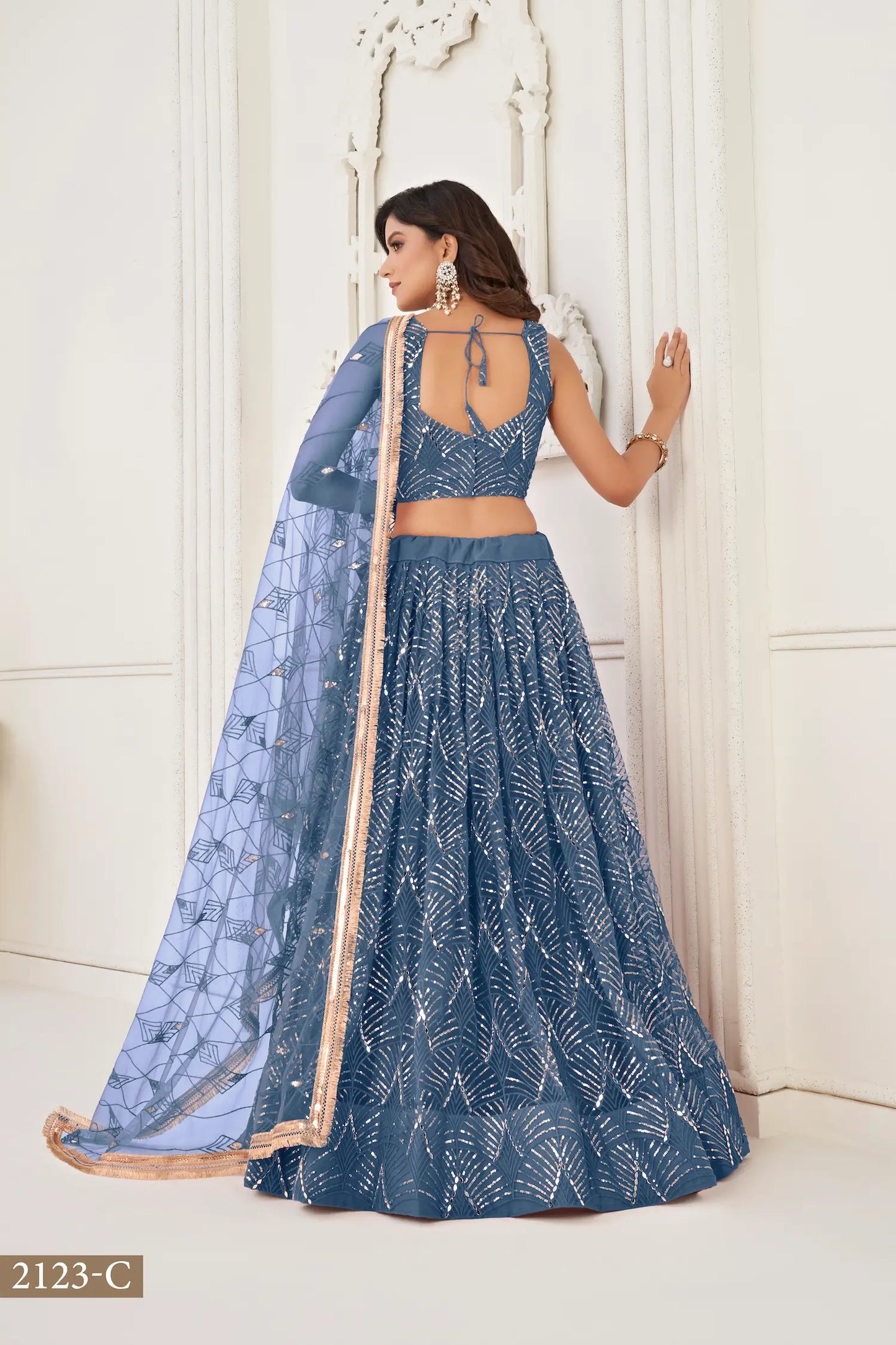 Metalic Blue Net Embroidery Lehenga Choli