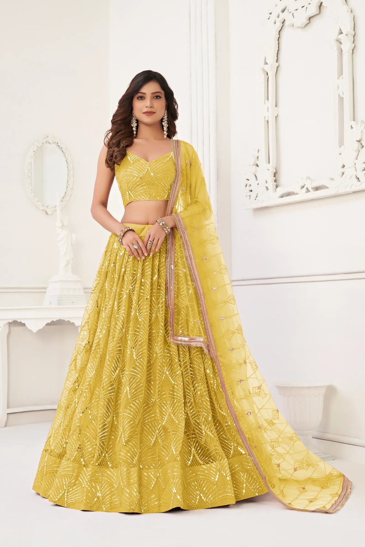 Bright Yellow Net Embroidery Lehenga Choli