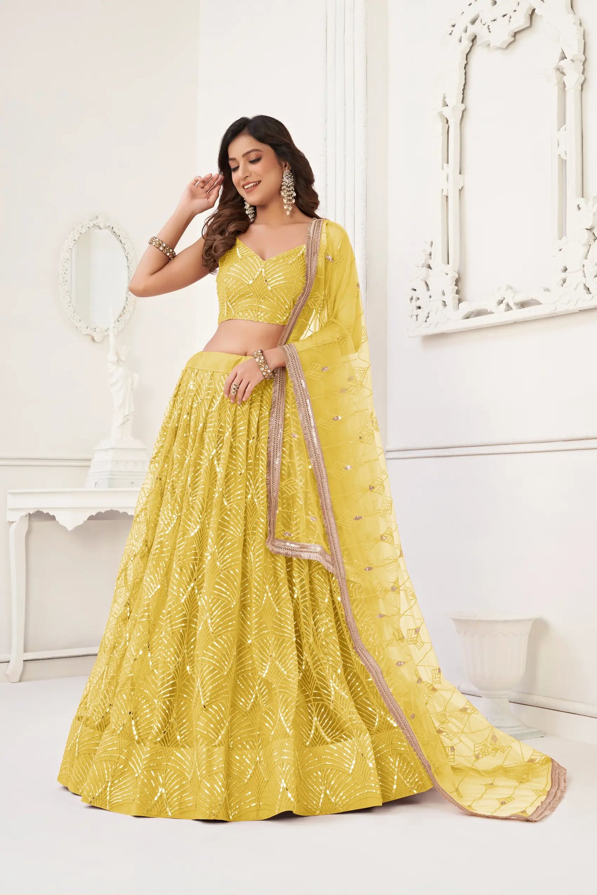 Bright Yellow Net Embroidery Lehenga Choli