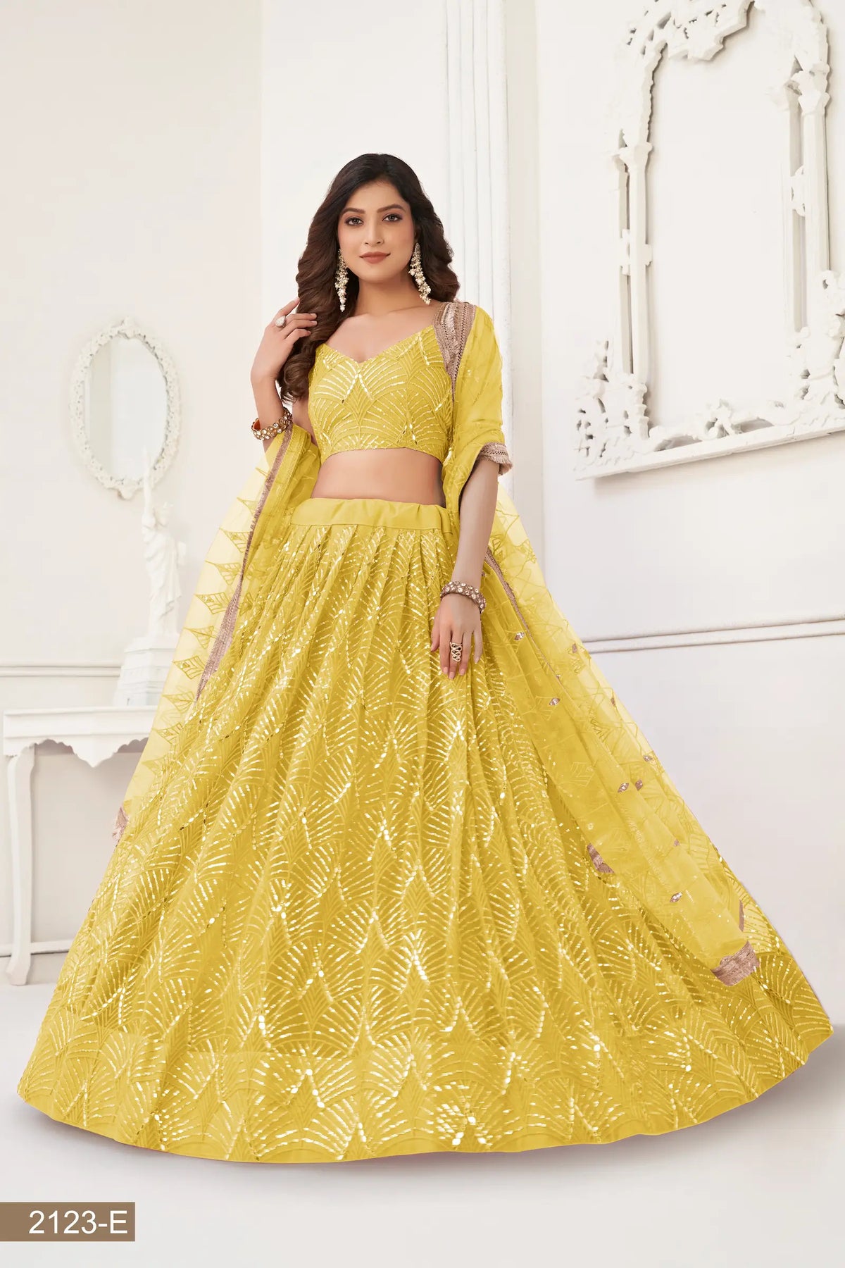 Bright Yellow Net Embroidery Lehenga Choli