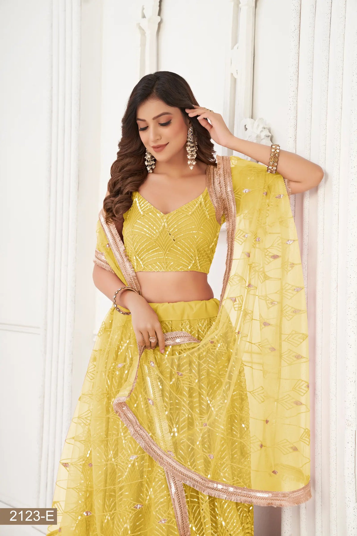 Bright Yellow Net Embroidery Lehenga Choli