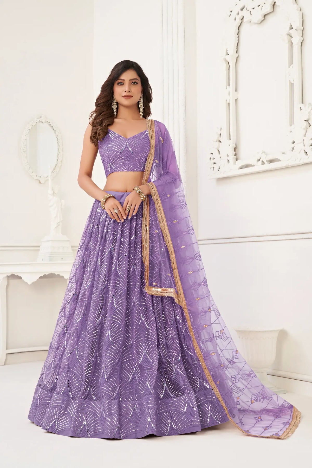 Lavender Net Embroidery Lehenga Choli
