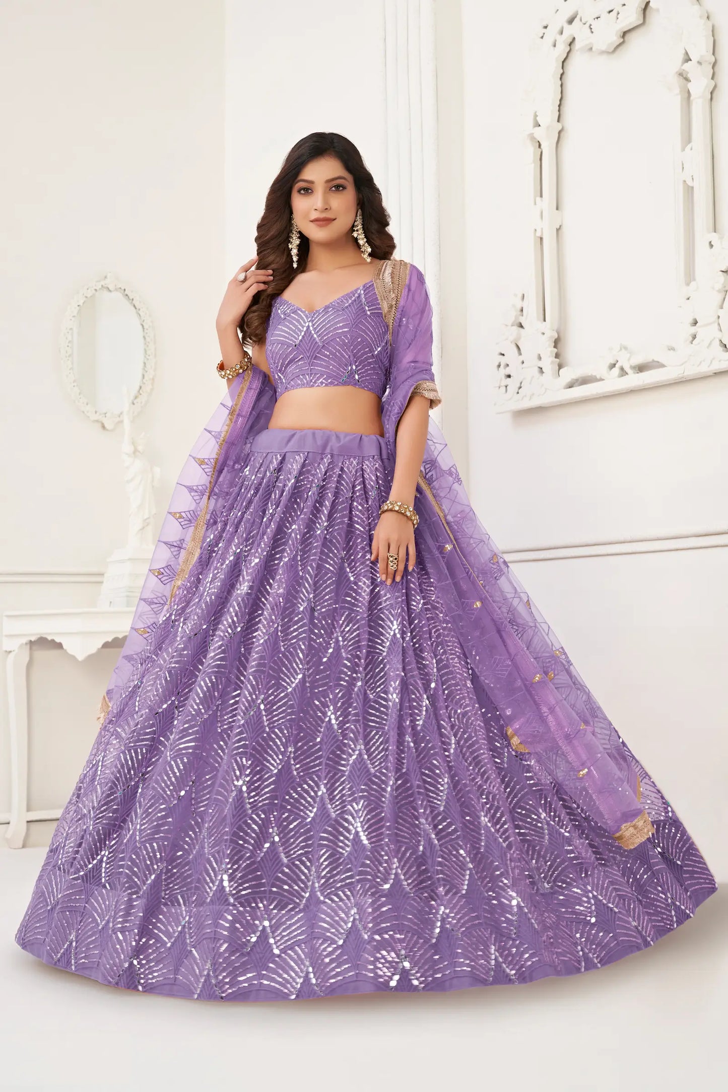 Lavender Net Embroidery Lehenga Choli