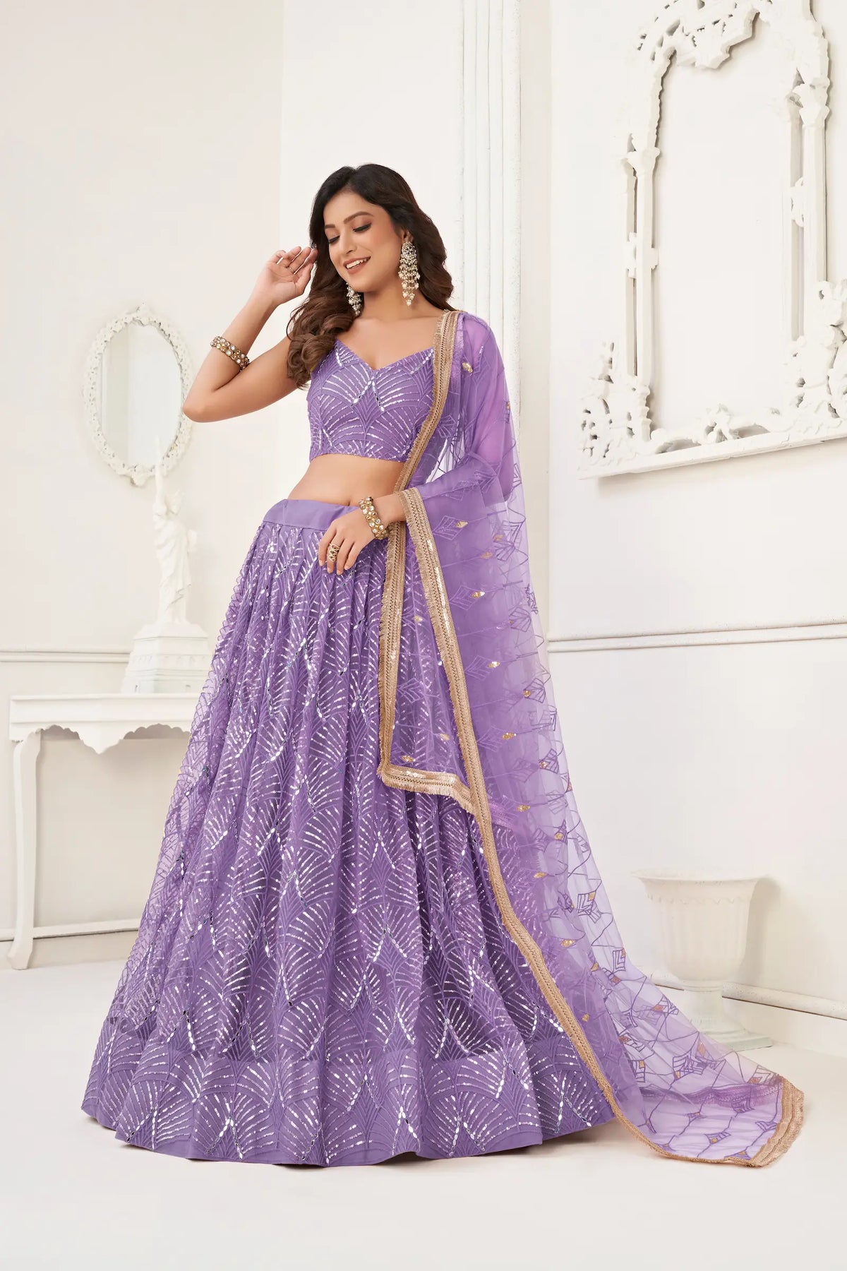 Lavender Net Embroidery Lehenga Choli