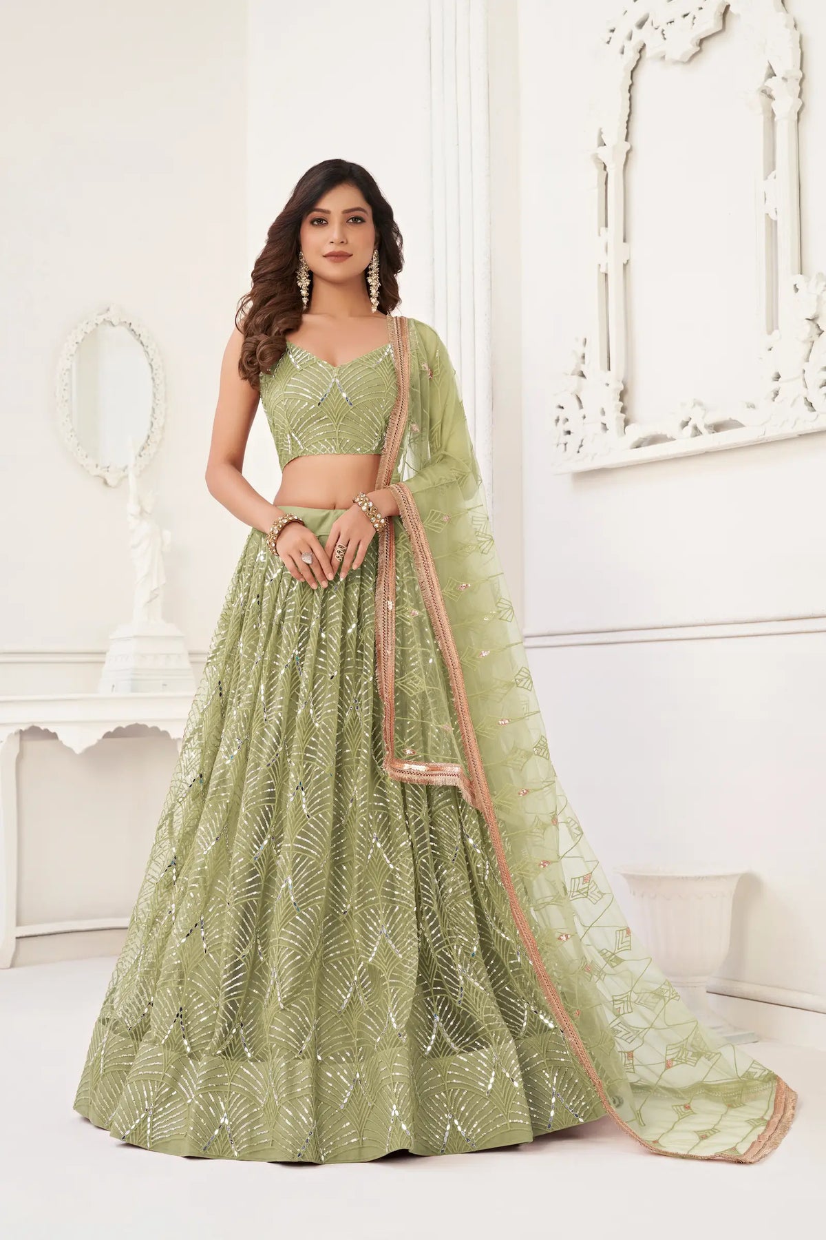Pista Green Net Embroidery Lehenga Choli