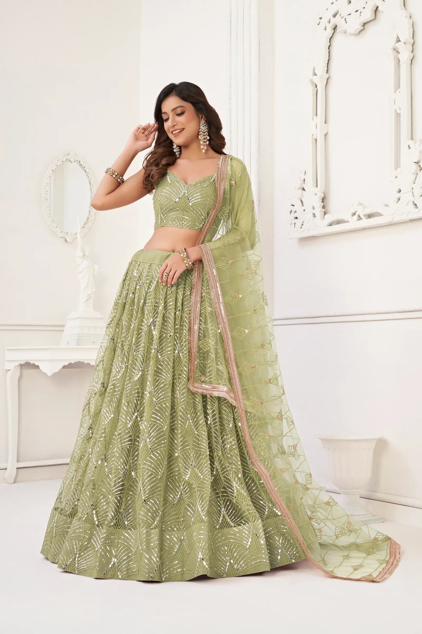 Pista Green Net Embroidery Lehenga Choli