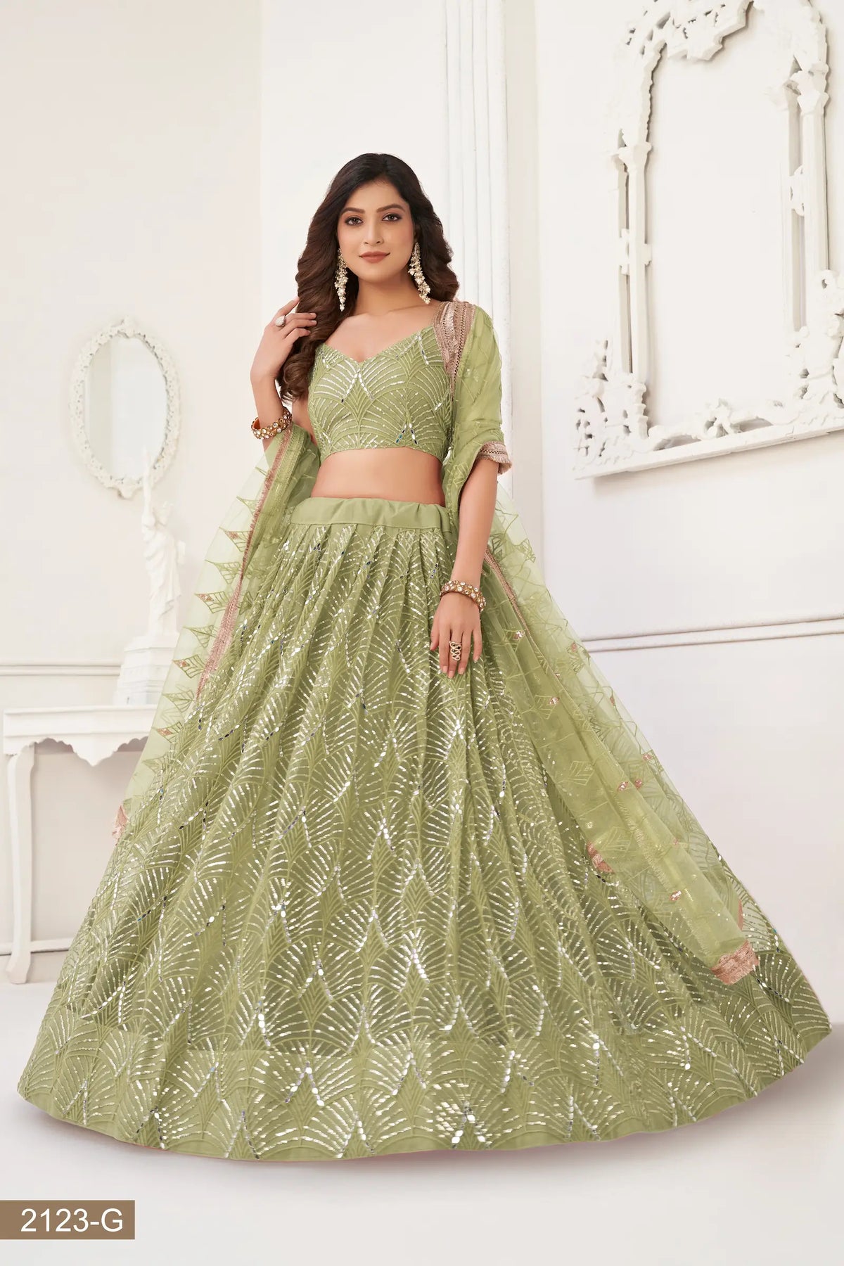 Pista Green Net Embroidery Lehenga Choli