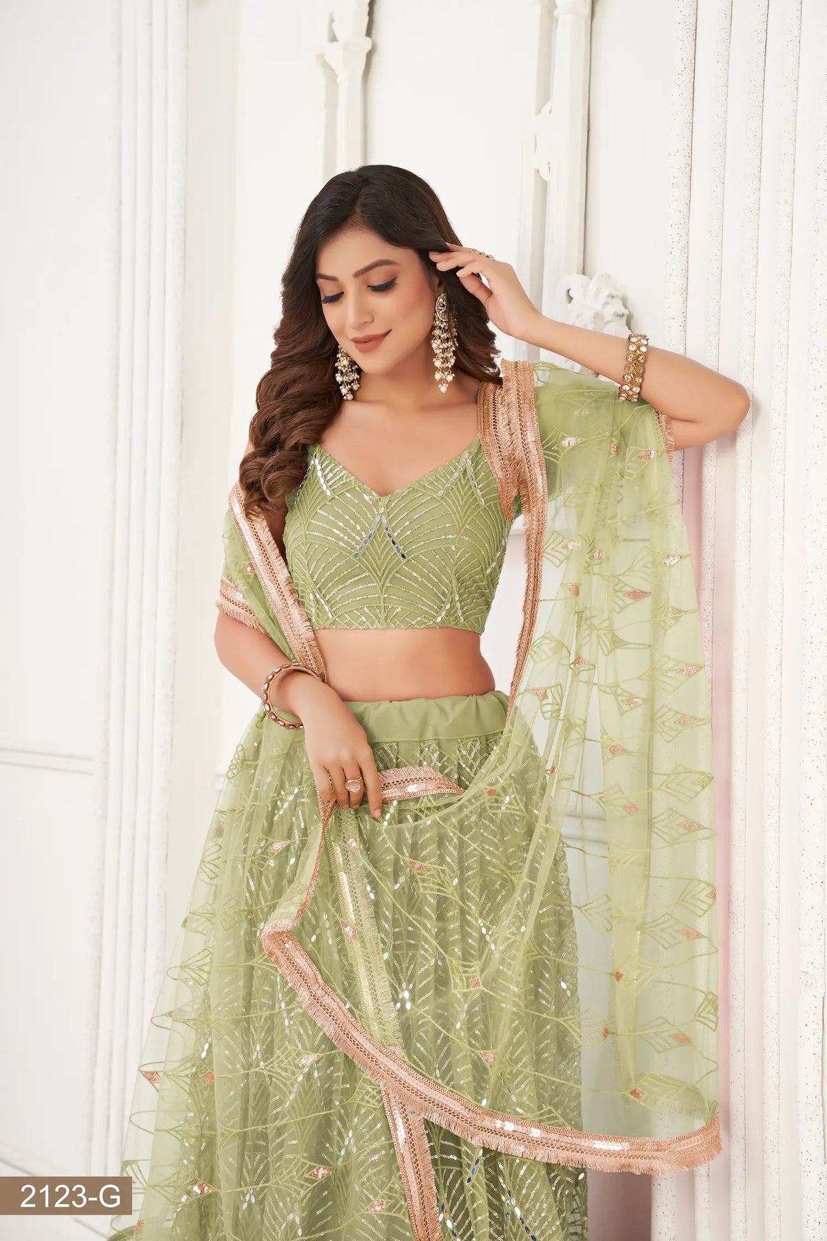 Pista Green Net Embroidery Lehenga Choli