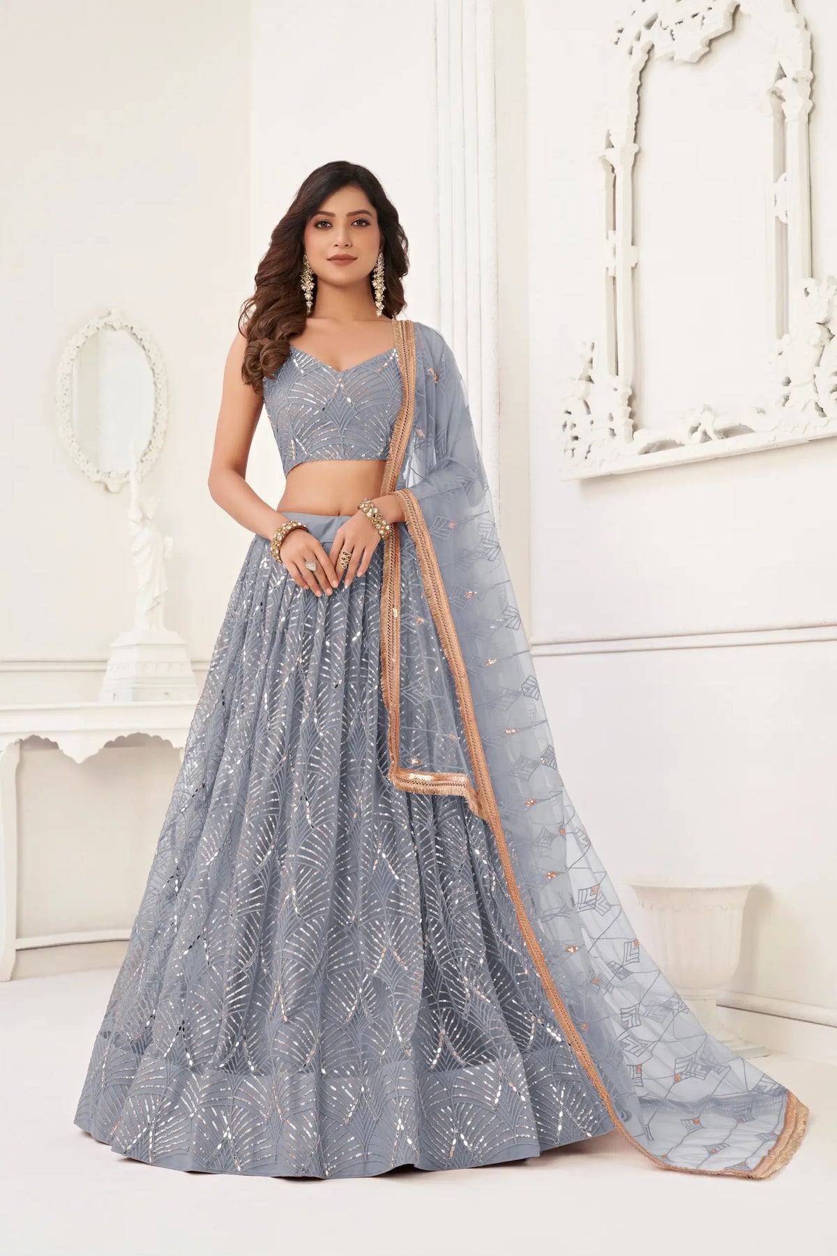 Light Grey Net Embroidery Lehenga Choli