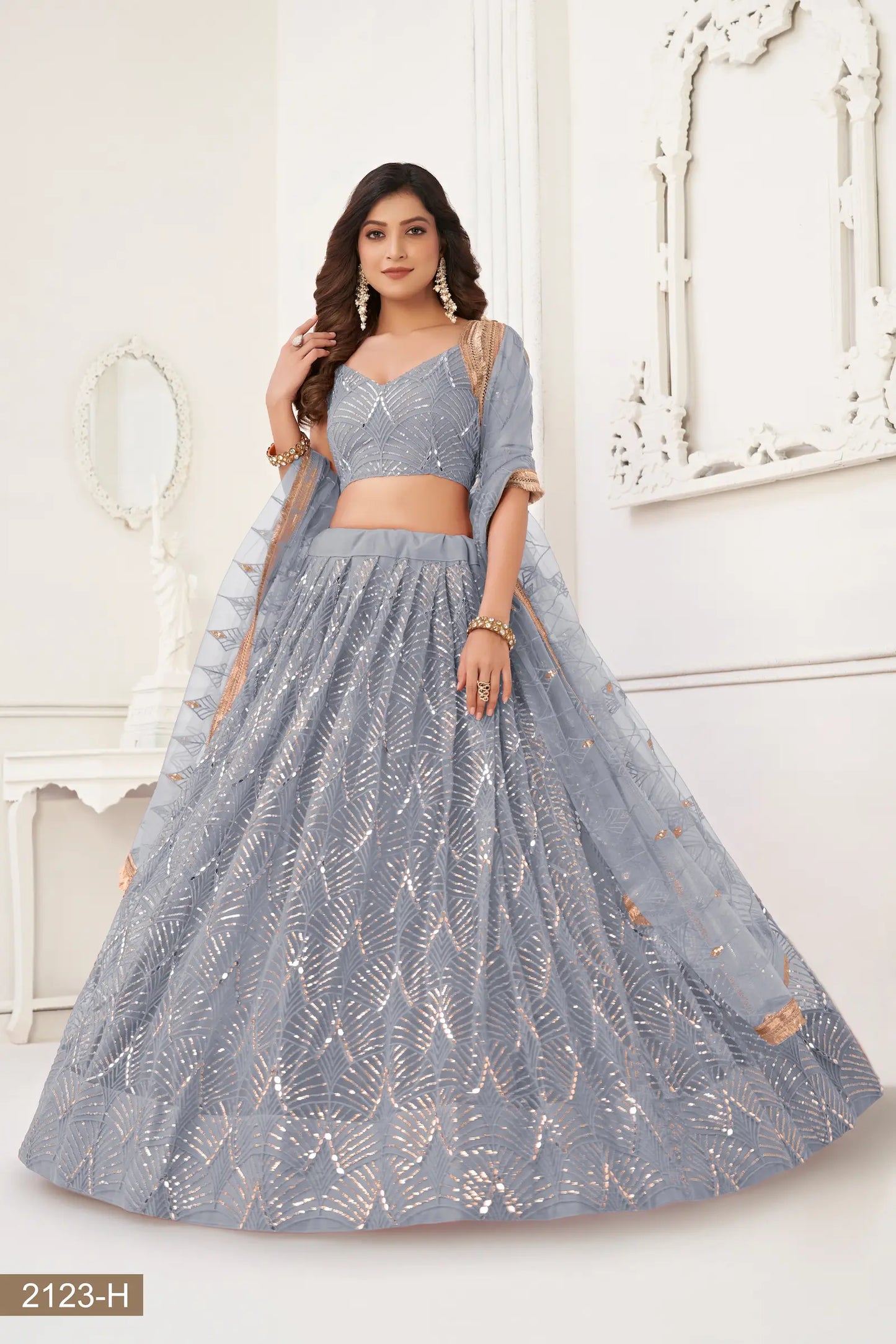 Light Grey Net Embroidery Lehenga Choli