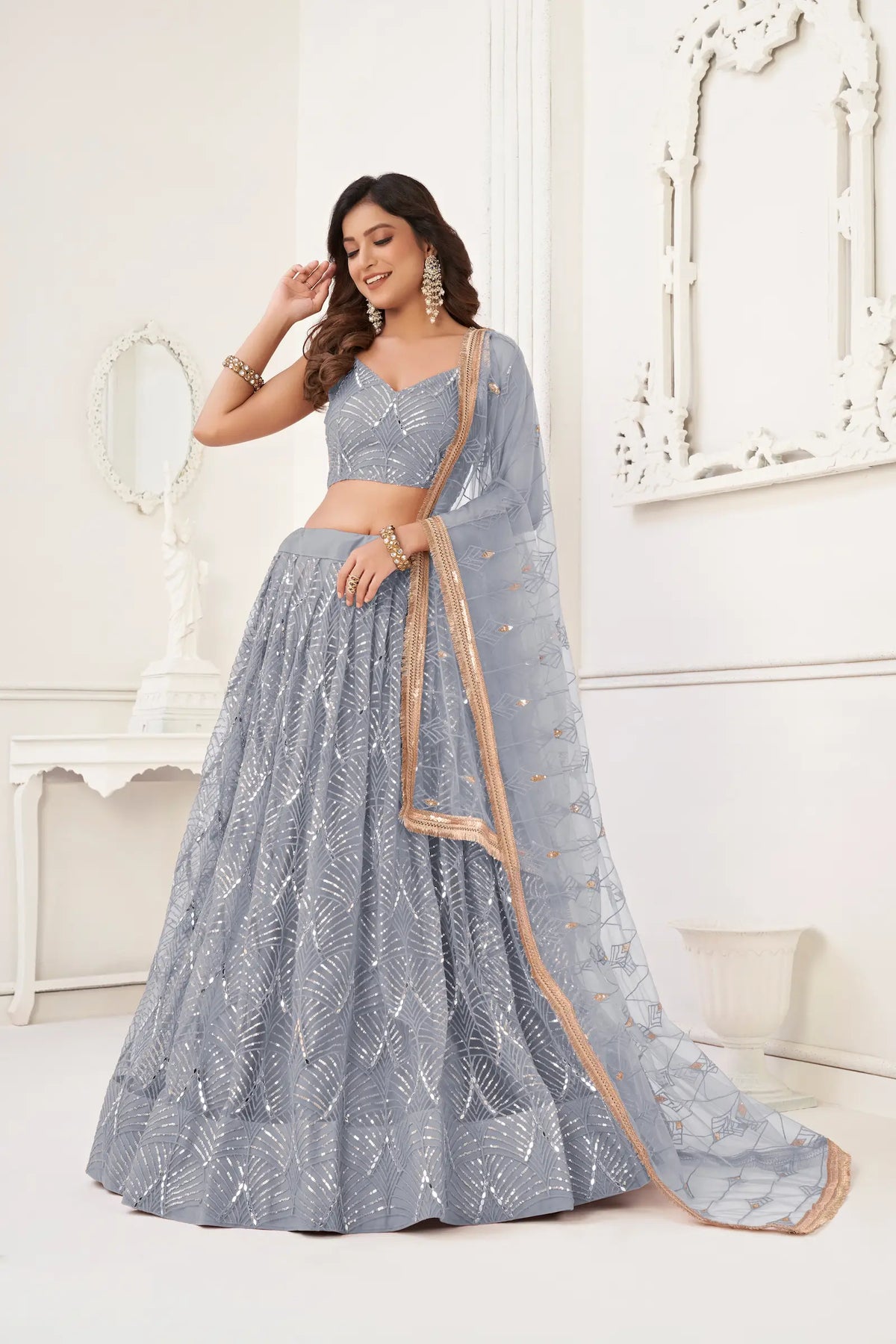 Light Grey Net Embroidery Lehenga Choli