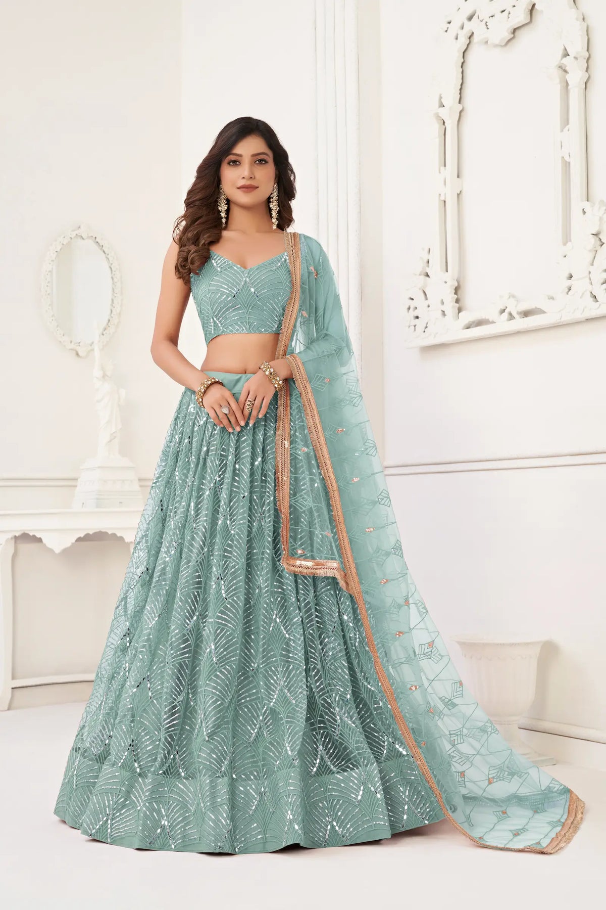 Ocean Blue Net Embroidery Lehenga Choli