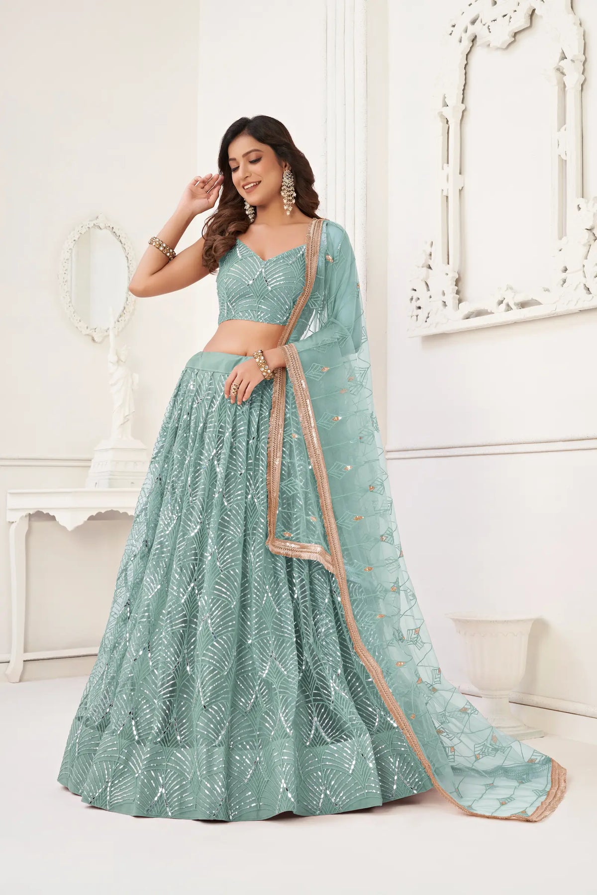Ocean Blue Net Embroidery Lehenga Choli
