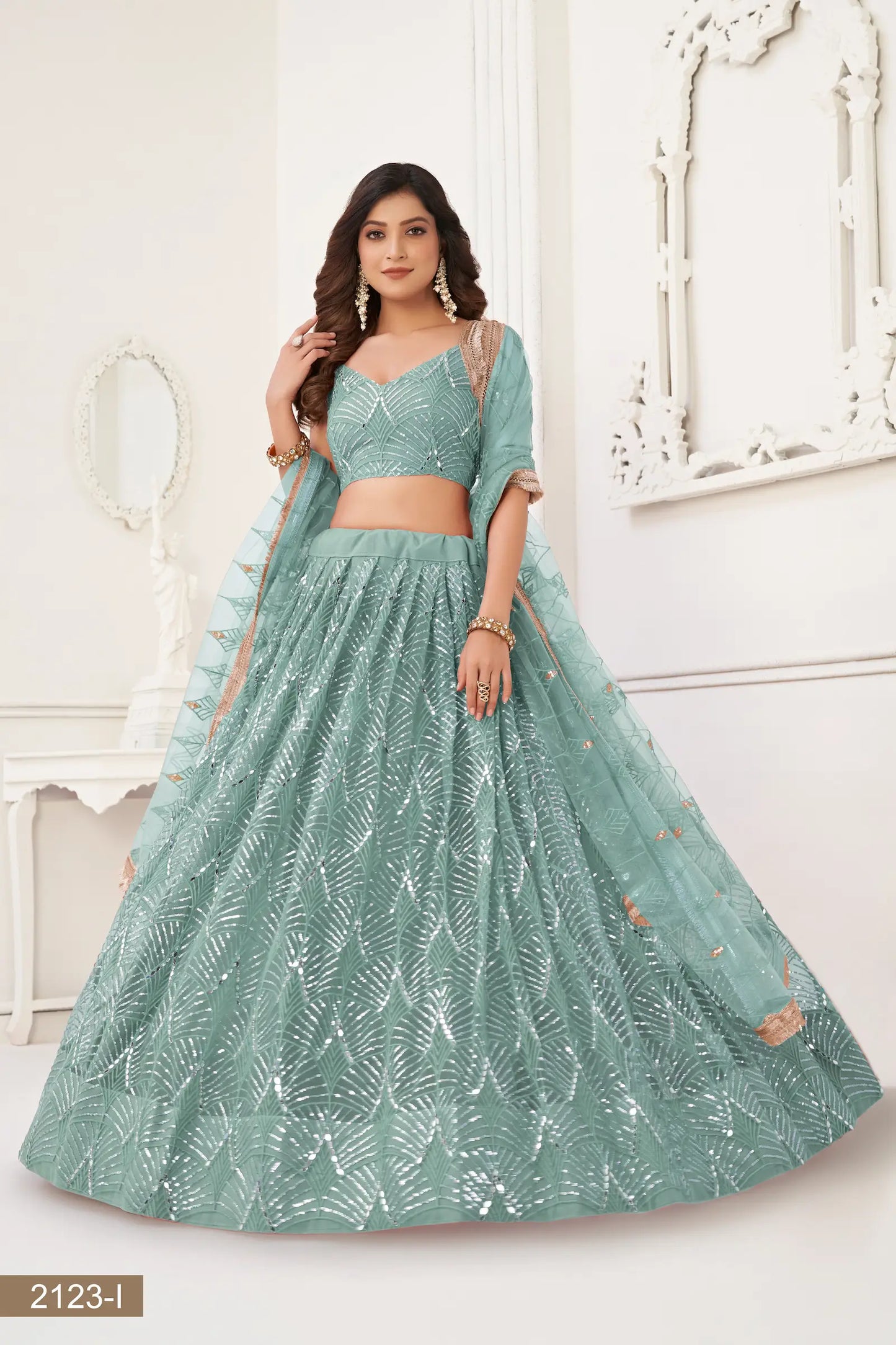 Ocean Blue Net Embroidery Lehenga Choli