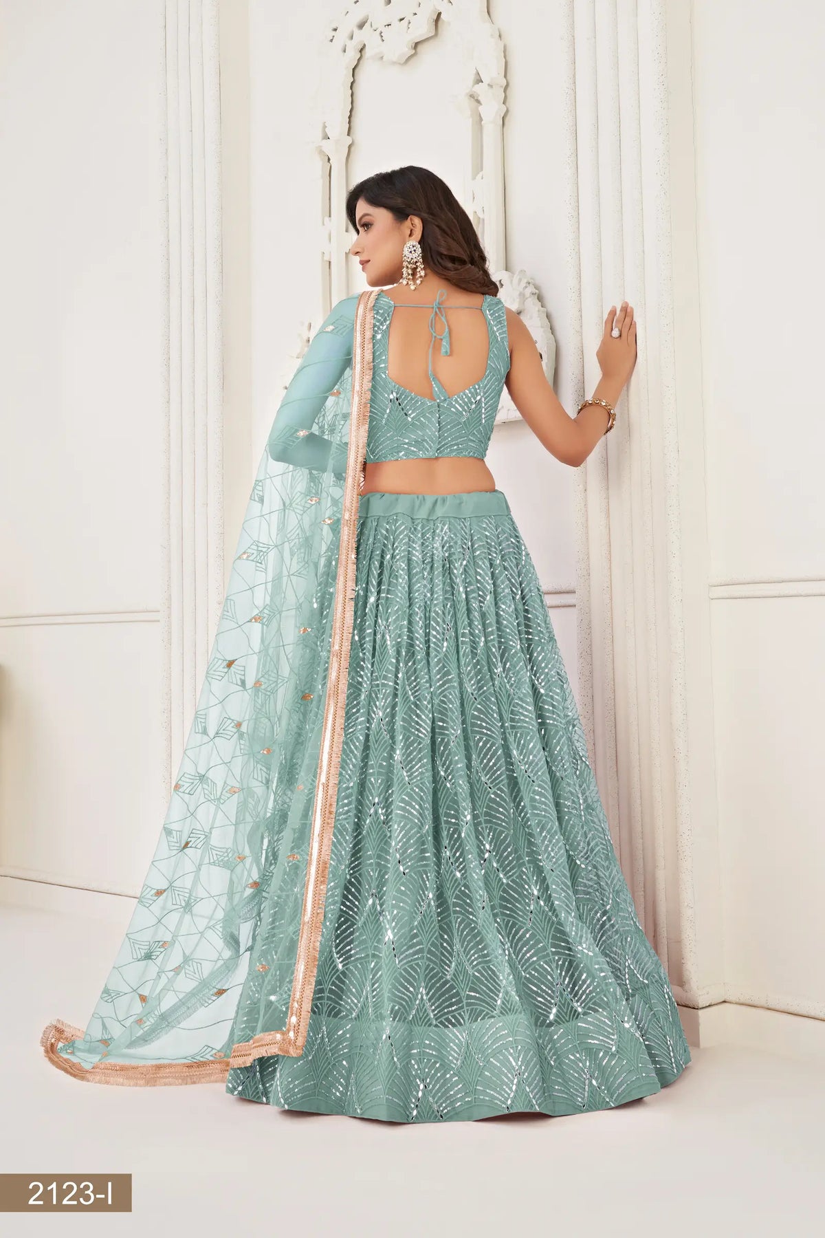 Ocean Blue Net Embroidery Lehenga Choli