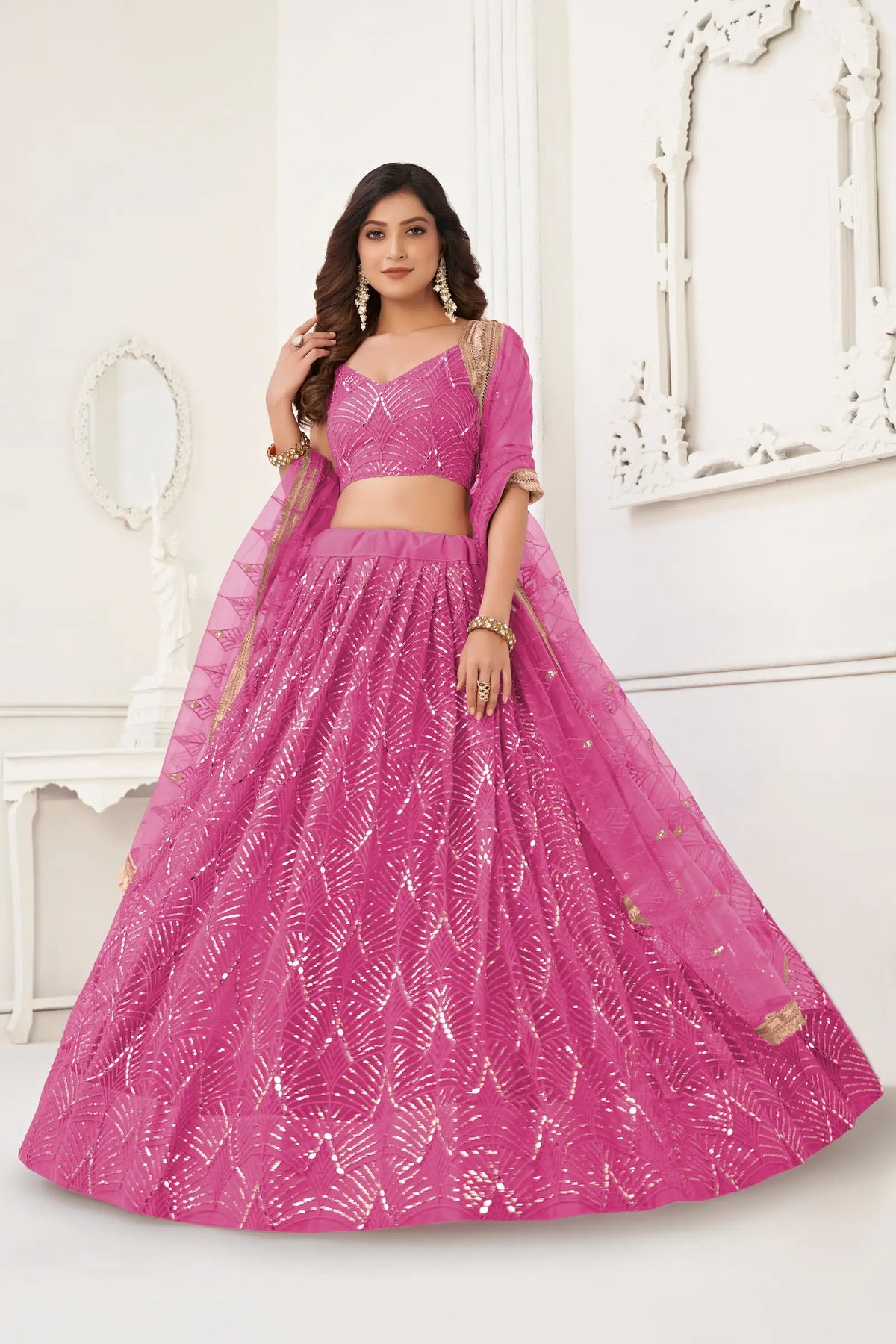 Fuchsia Pink Net Embroidery Lehenga Choli