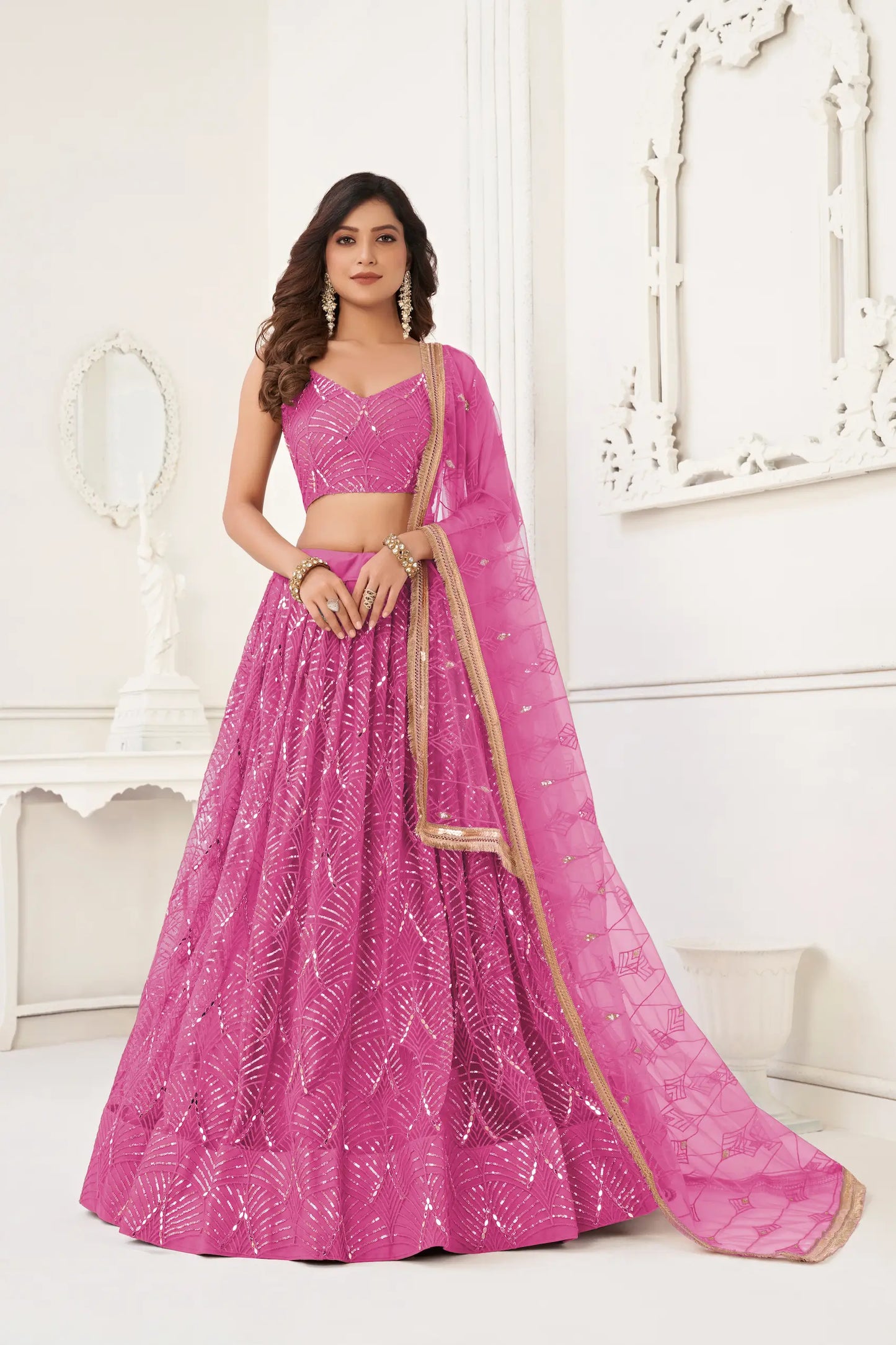 Fuchsia Pink Net Embroidery Lehenga Choli