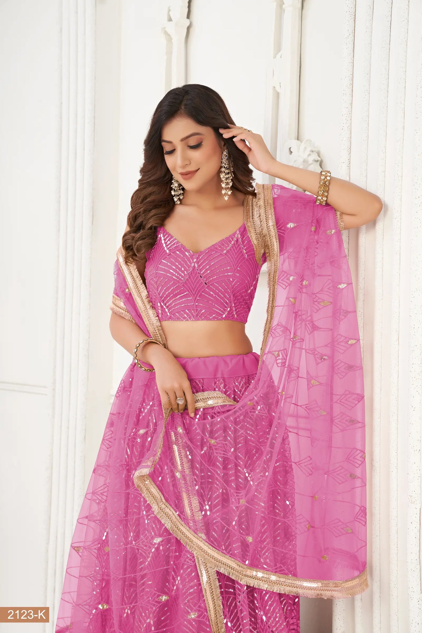 Fuchsia Pink Net Embroidery Lehenga Choli