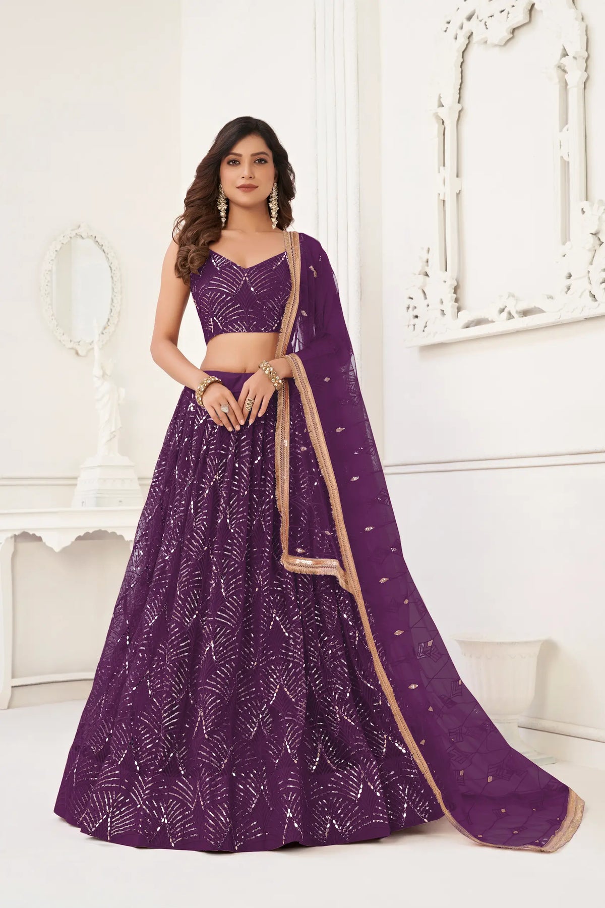 Berry Wine Net Embroidery Lehenga Choli