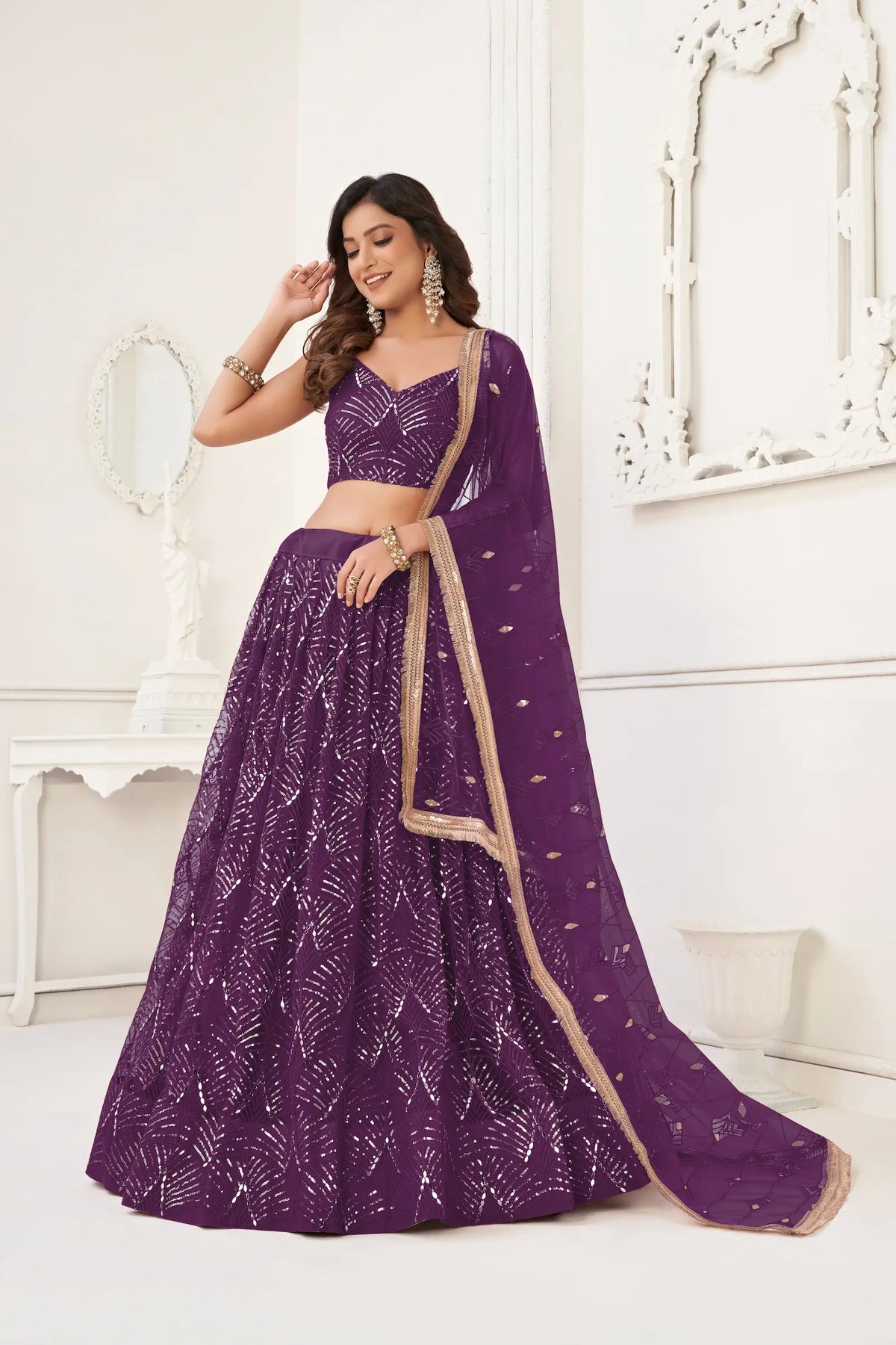 Berry Wine Net Embroidery Lehenga Choli
