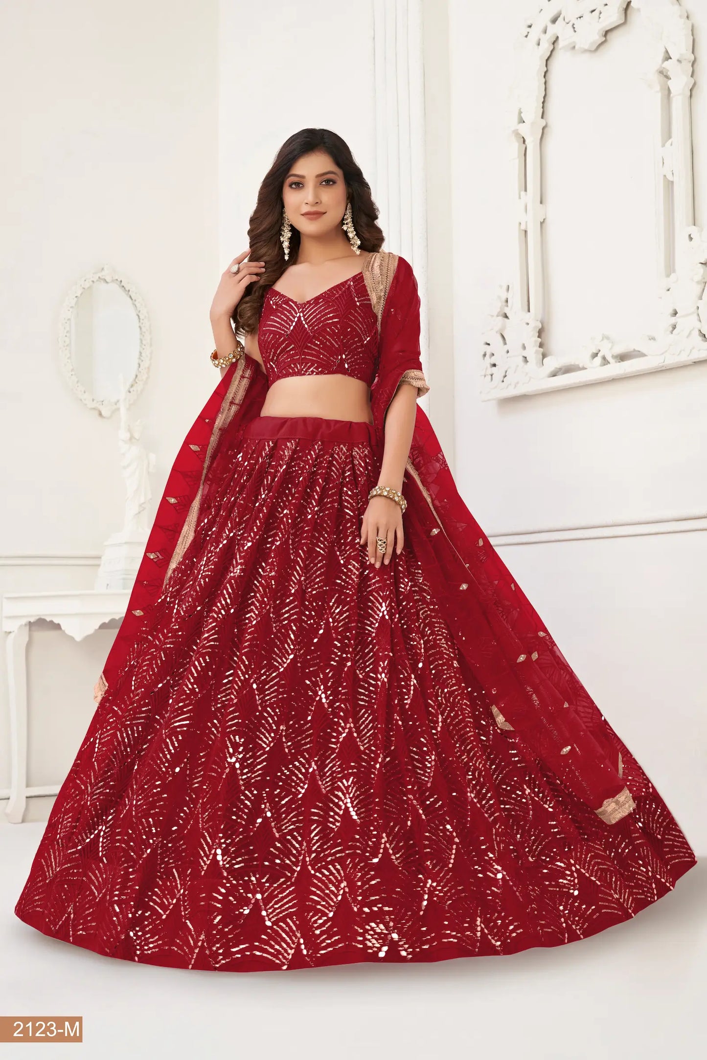 Rich Maroon Net Embroidery Lehenga Choli
