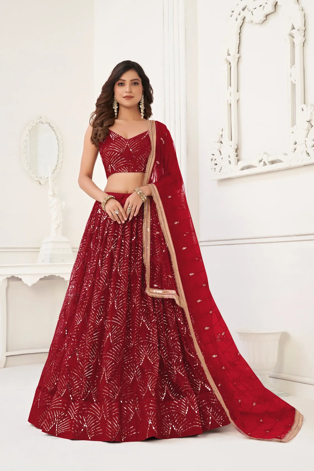 Rich Maroon Net Embroidery Lehenga Choli