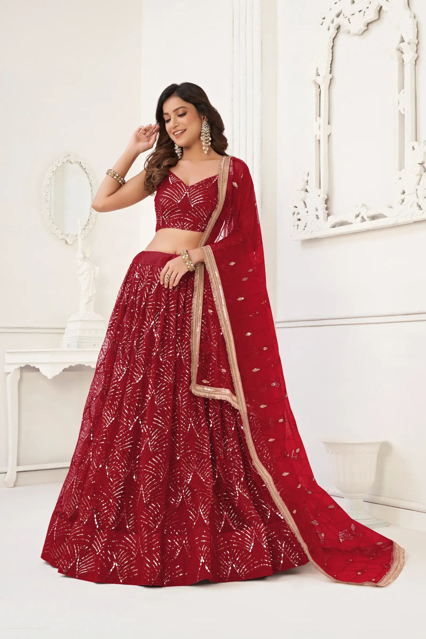 Rich Maroon Net Embroidery Lehenga Choli