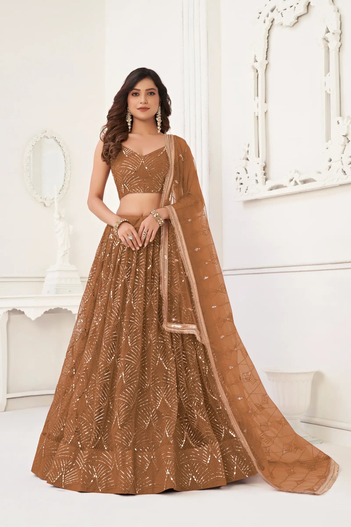 Bear Brown Net Embroidery Lehenga Choli