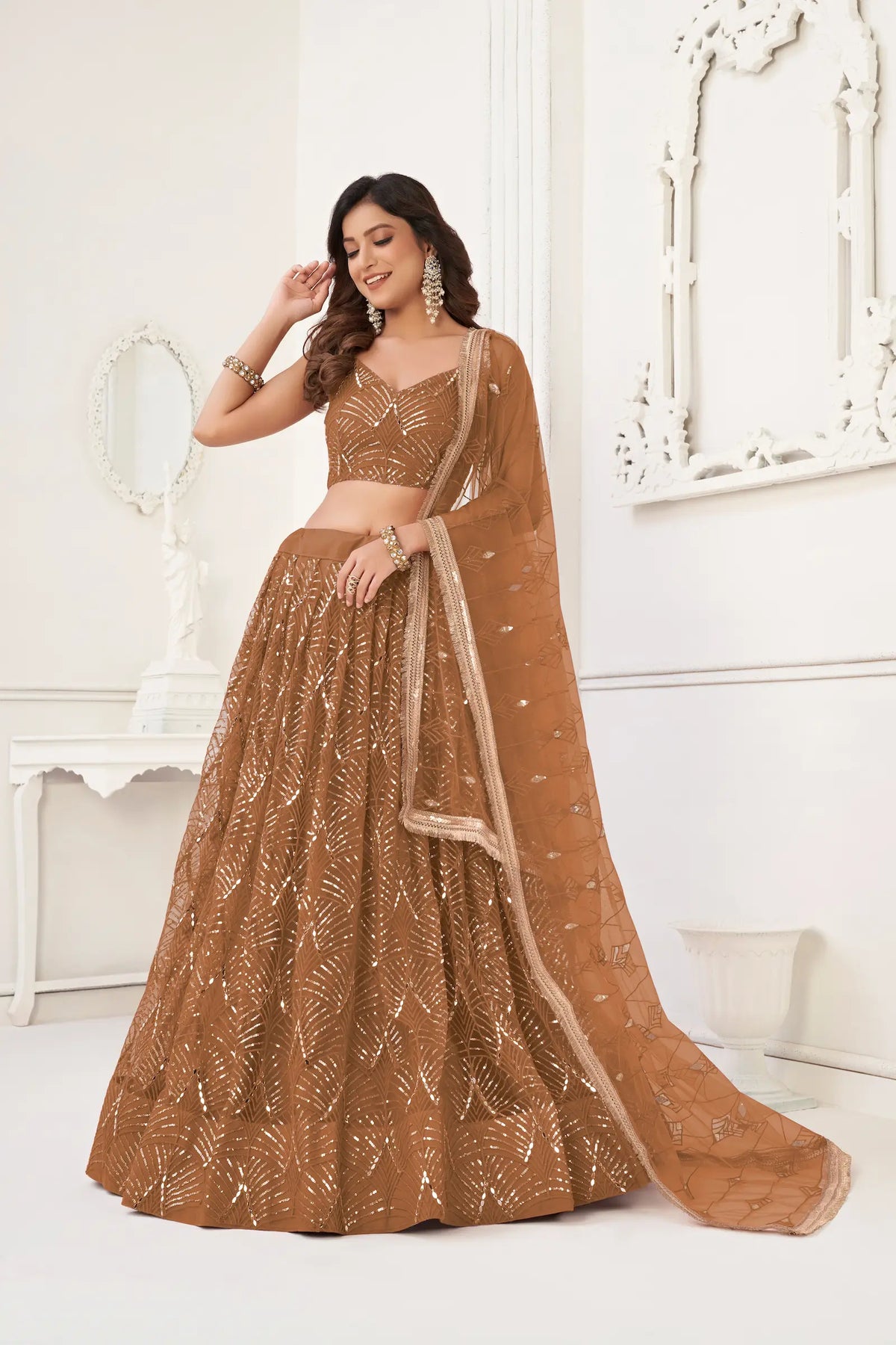Bear Brown Net Embroidery Lehenga Choli