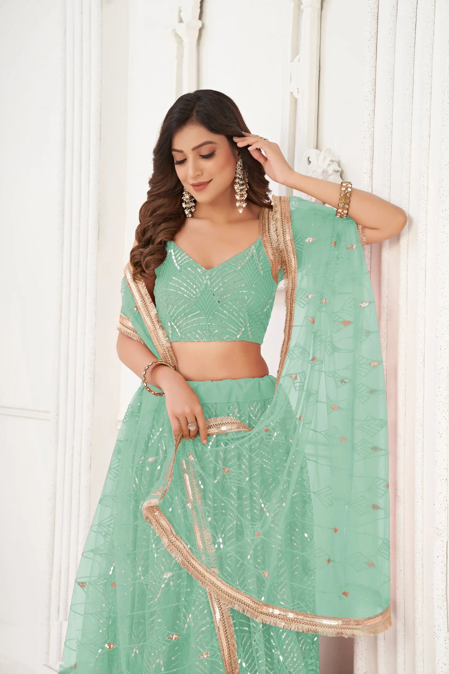Sea Green Net Embroidery Lehenga Choli
